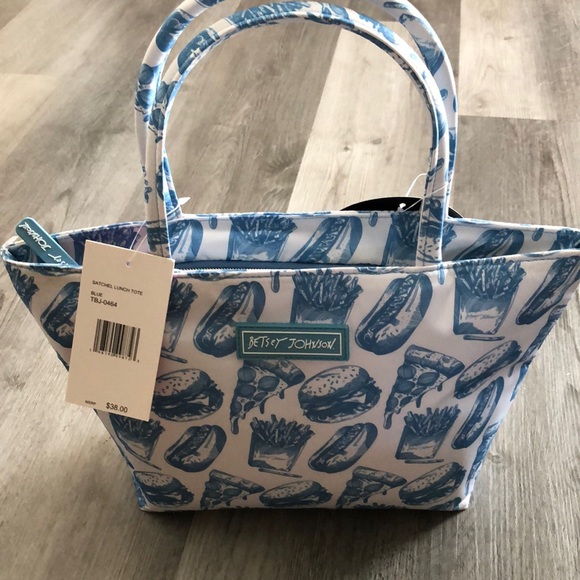 Betsey Johnson Insulated Satchel Lunch Tote White & Blue Fast Food Print NWT - Picture 11 of 16